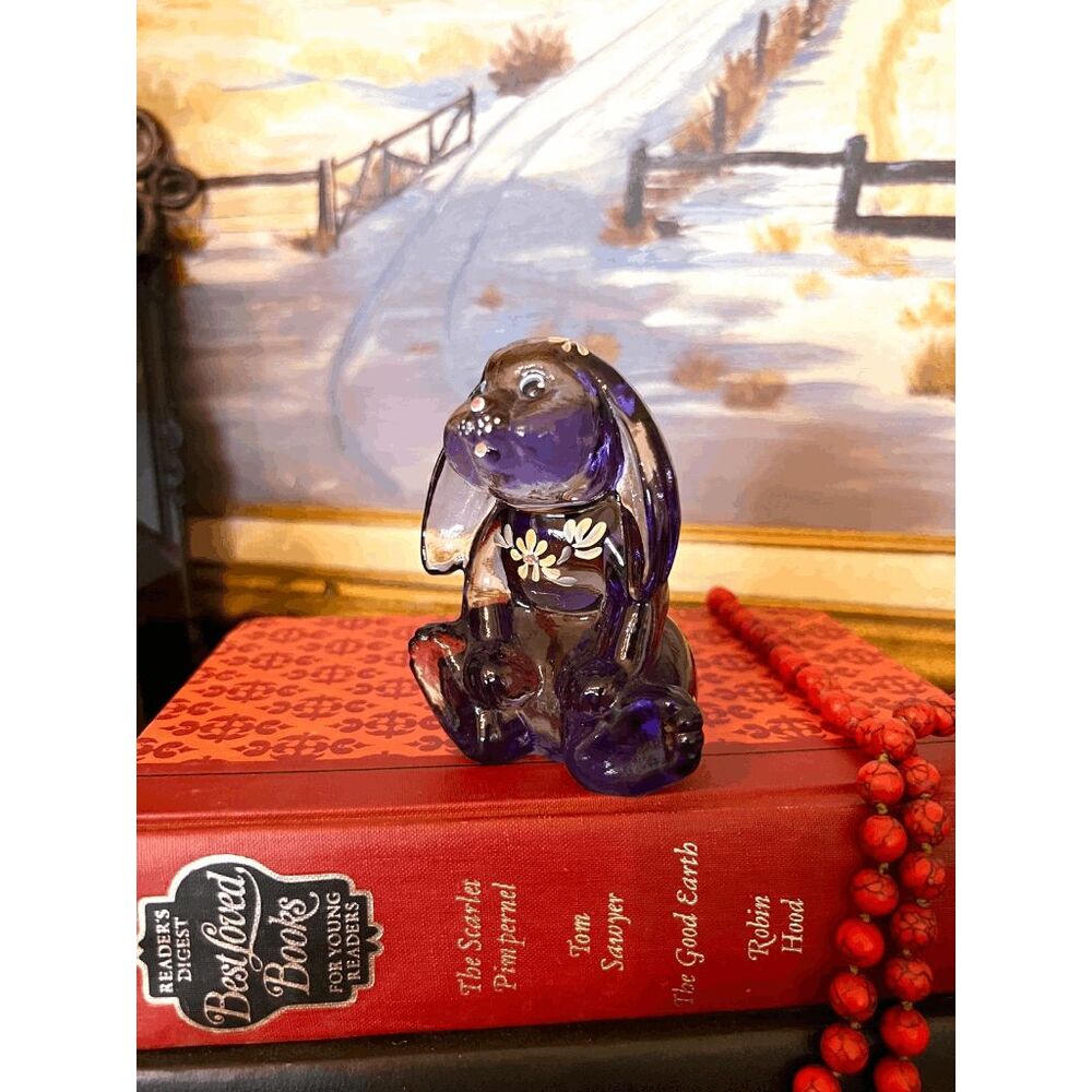 Vintage Fenton Amethyst Glass Bunny Figurine, Hand Painted Floral Rabbit by P Ja - Picture 2 of 5